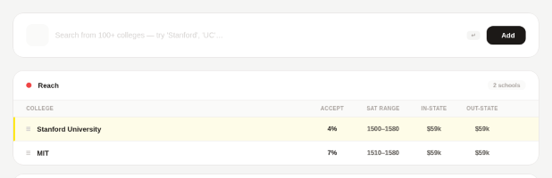 College list preview with search bar and reach bucket table
