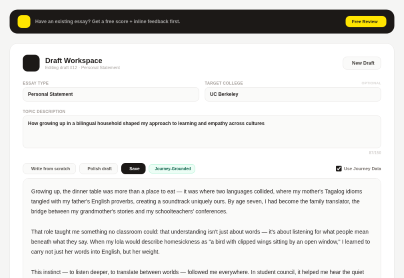 Essay workspace preview showing draft editor, settings, and word count